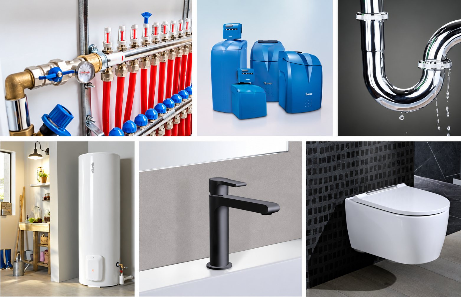 Collecteur de chauffage, adoucisseur, siphon, chauffe-eau, robinet et WC suspendu